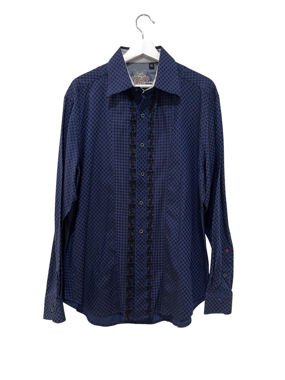 Robert Graham Shirt Mens Large Blue Check Cotton Silk Button Front Long Sleeve